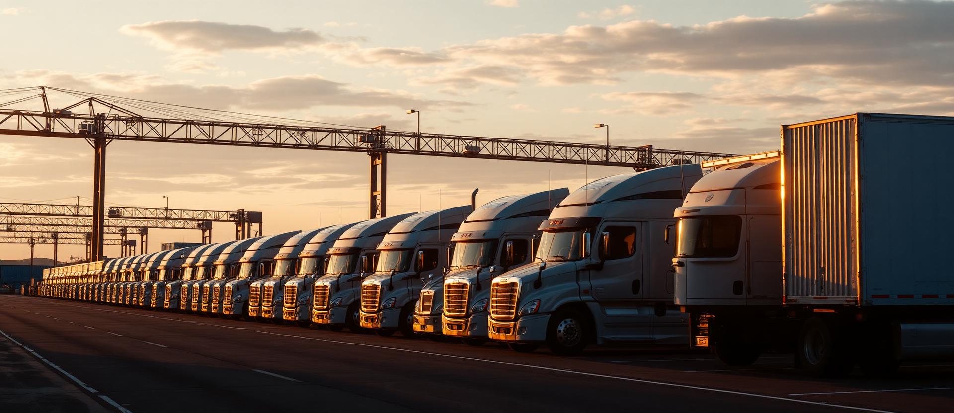 Fleet of semi-trucks at a freight terminal